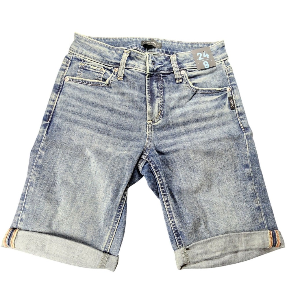 Silver Jeans Co Elyse Bermuda Shorts Womens 24 Medium Wash Mid Rise Cuffed Denim
